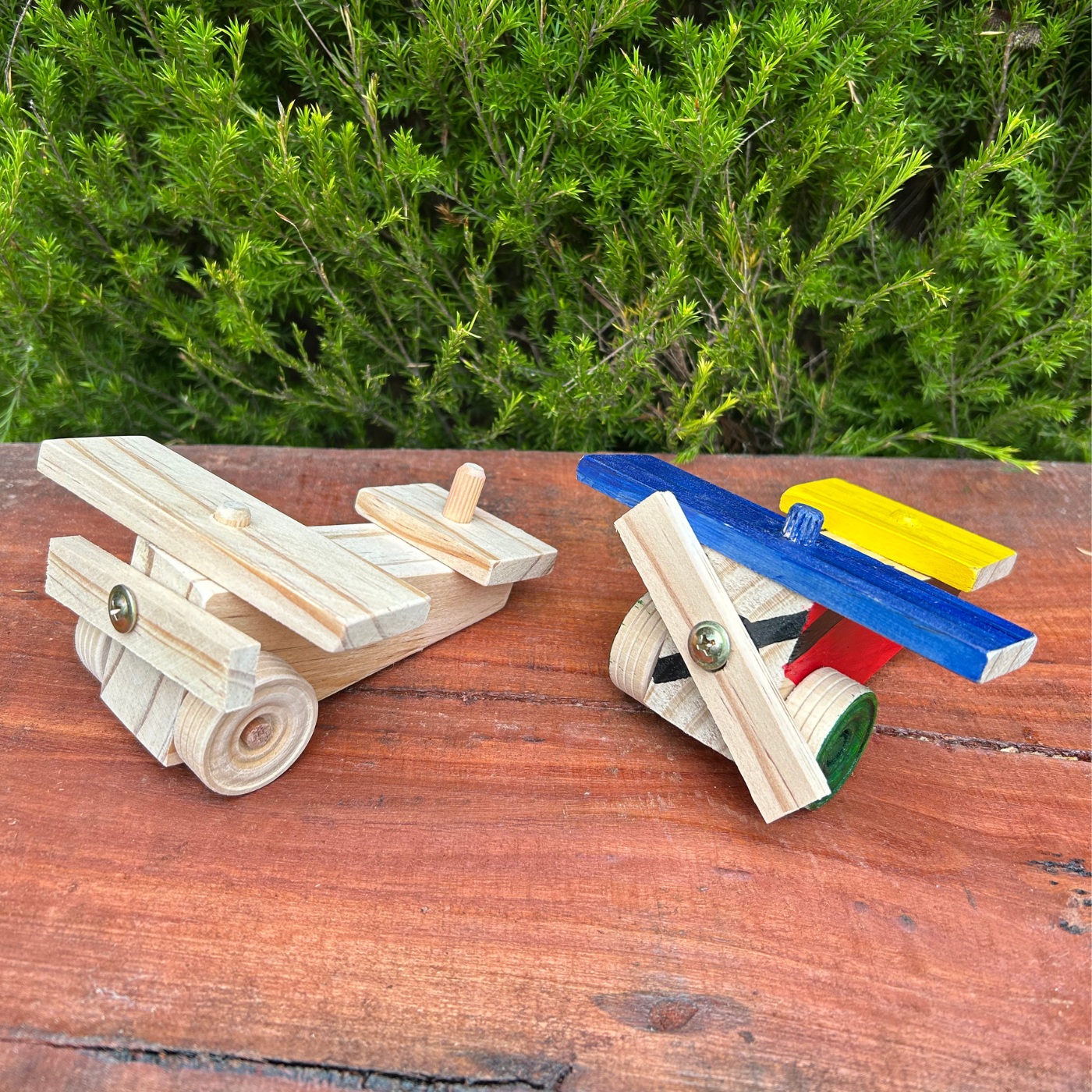 Two wooden toy cars on a wooden surface with a green bush in the background